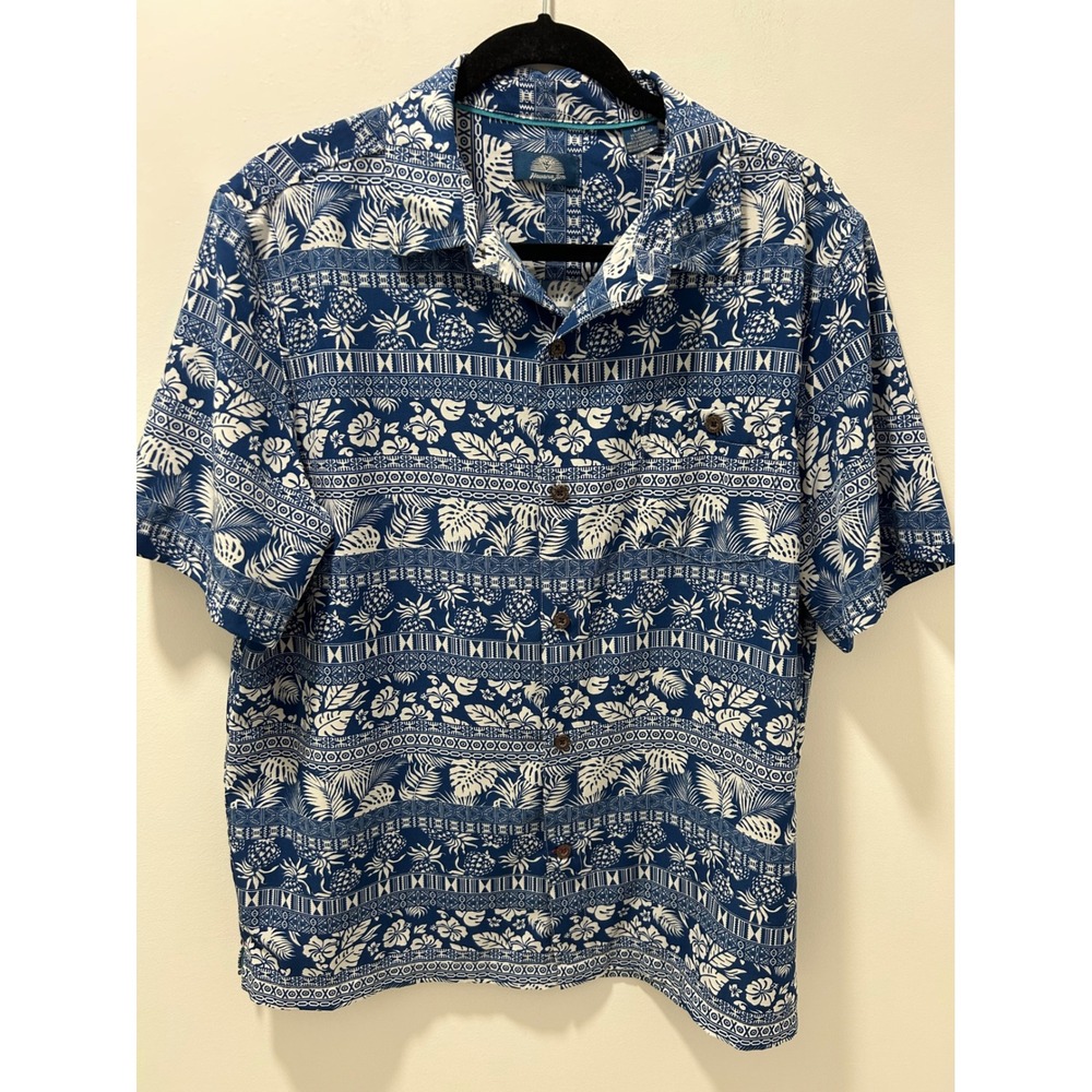 Havana Jim Mens Blue White Tropical Pineapple Hibiscus Aloha Shirt Large L
